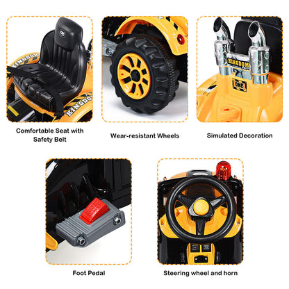 12V Battery-Powered Kids Excavator Truck with Front Loader Digger in Yellow