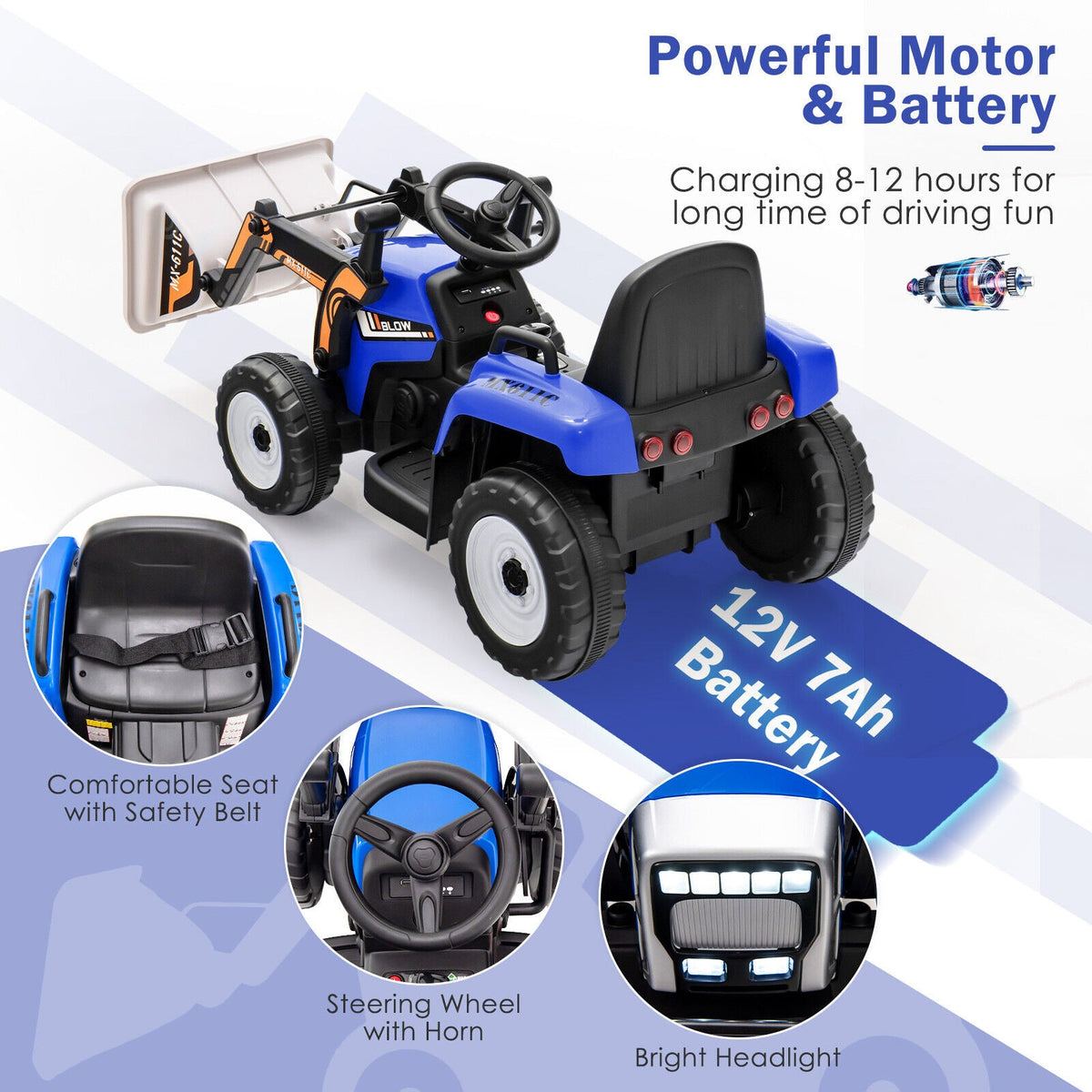 12V Battery Powered Kids Excavator with Adjustable Arm - Blue