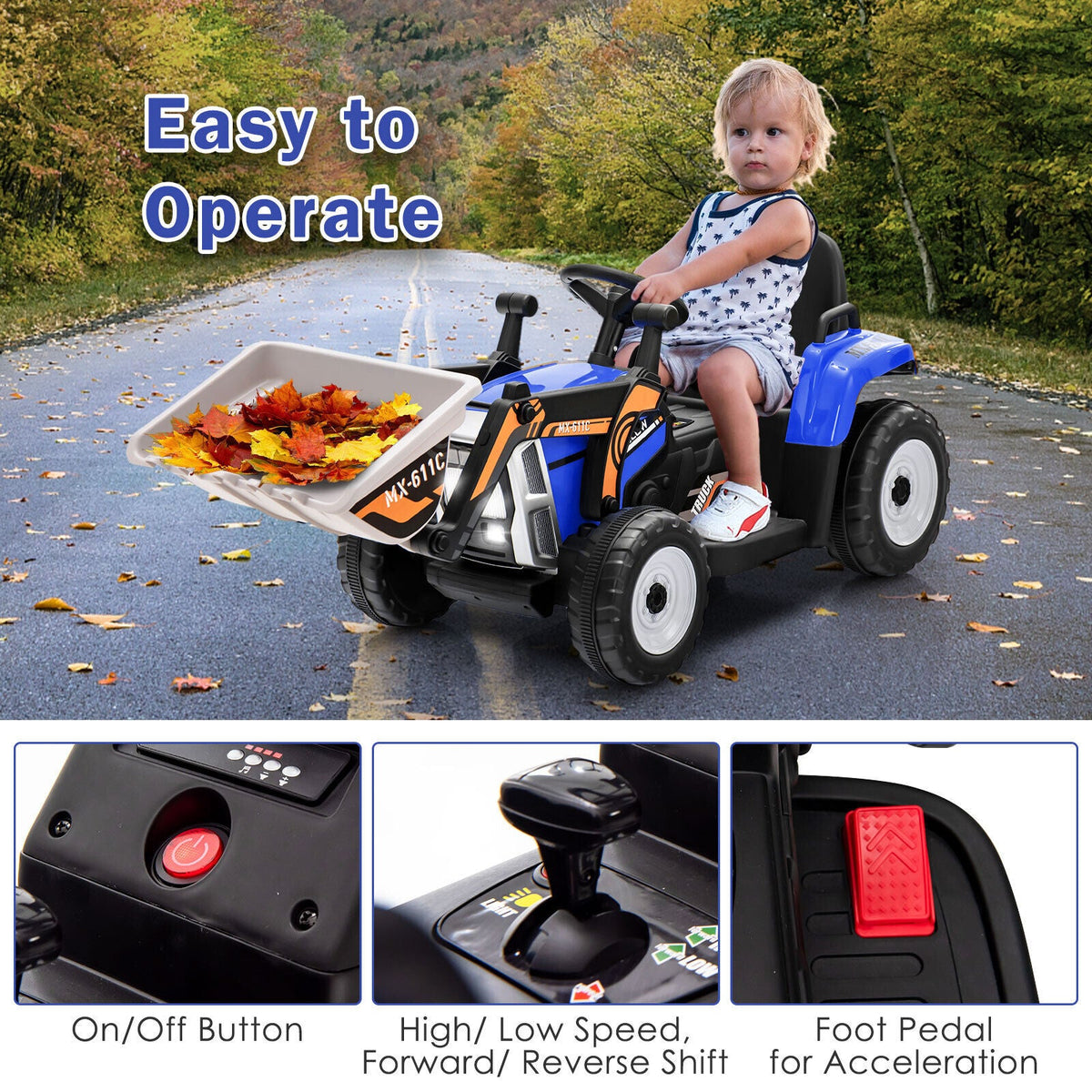 12V Battery Powered Kids Excavator with Adjustable Arm - Blue