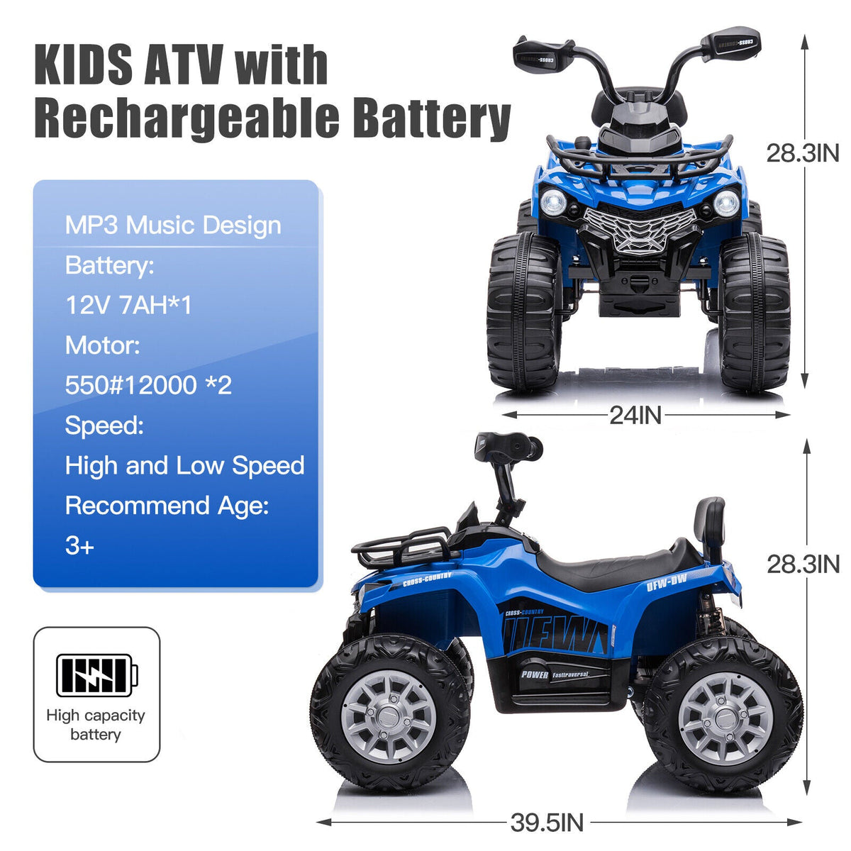 12V Electric Ride-On ATV Quad for Kids with MP3 and Lights - 2 Speeds, Perfect Gift for Adventure Seekers
