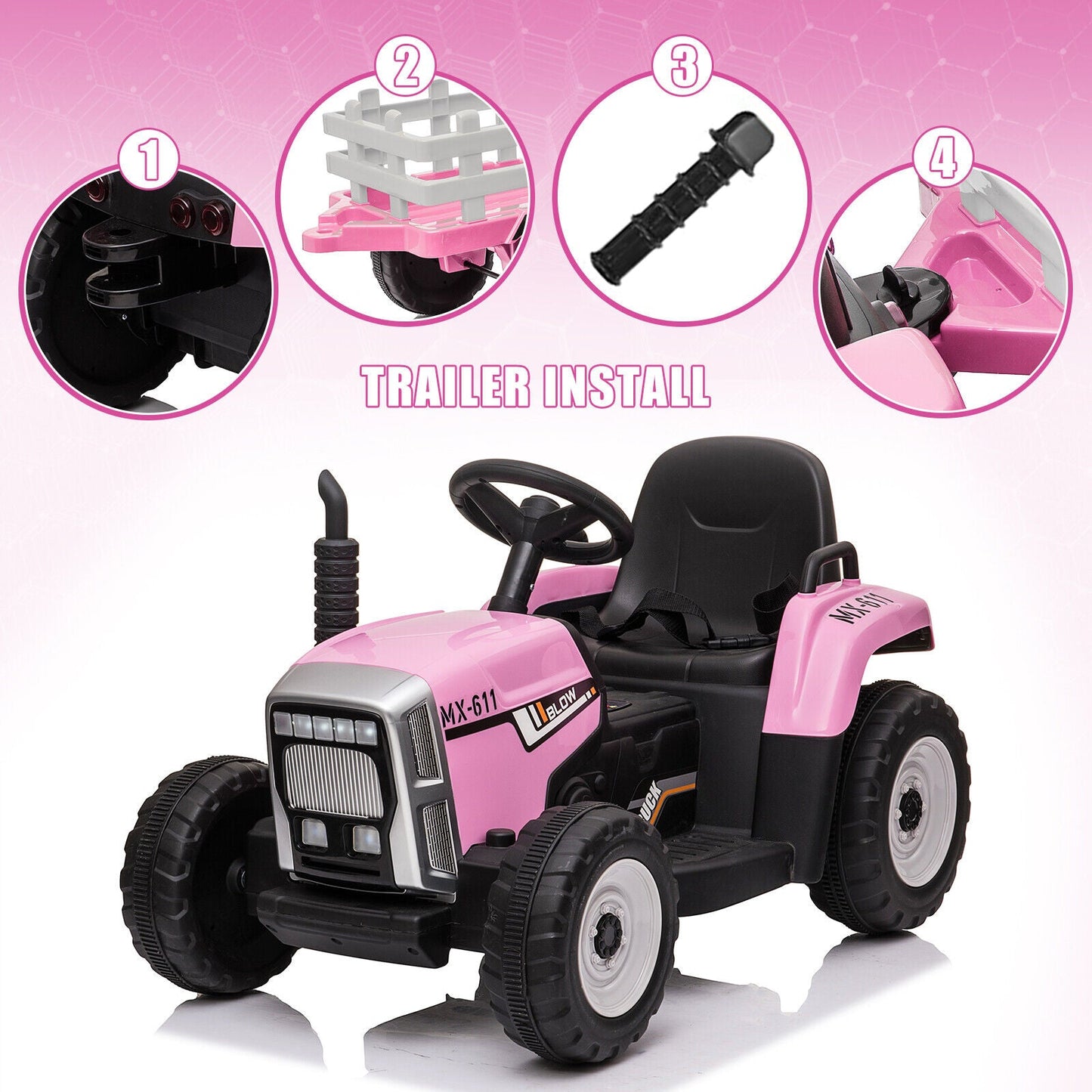 12V Battery Powered Kids Ride-On Tractor with Detachable Trailer and LED Lights