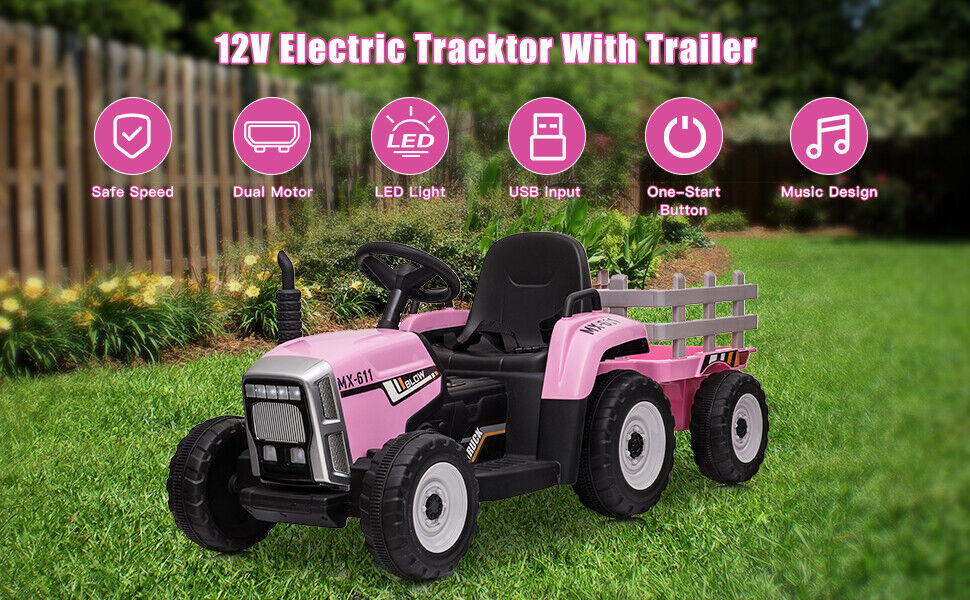 12V Battery Powered Kids Ride-On Tractor with Detachable Trailer and LED Lights