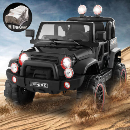 3-Speed Black Ride-On Car for Kids with RC, MP3, LED Lights, USB, and Cover - 12V Battery Powered