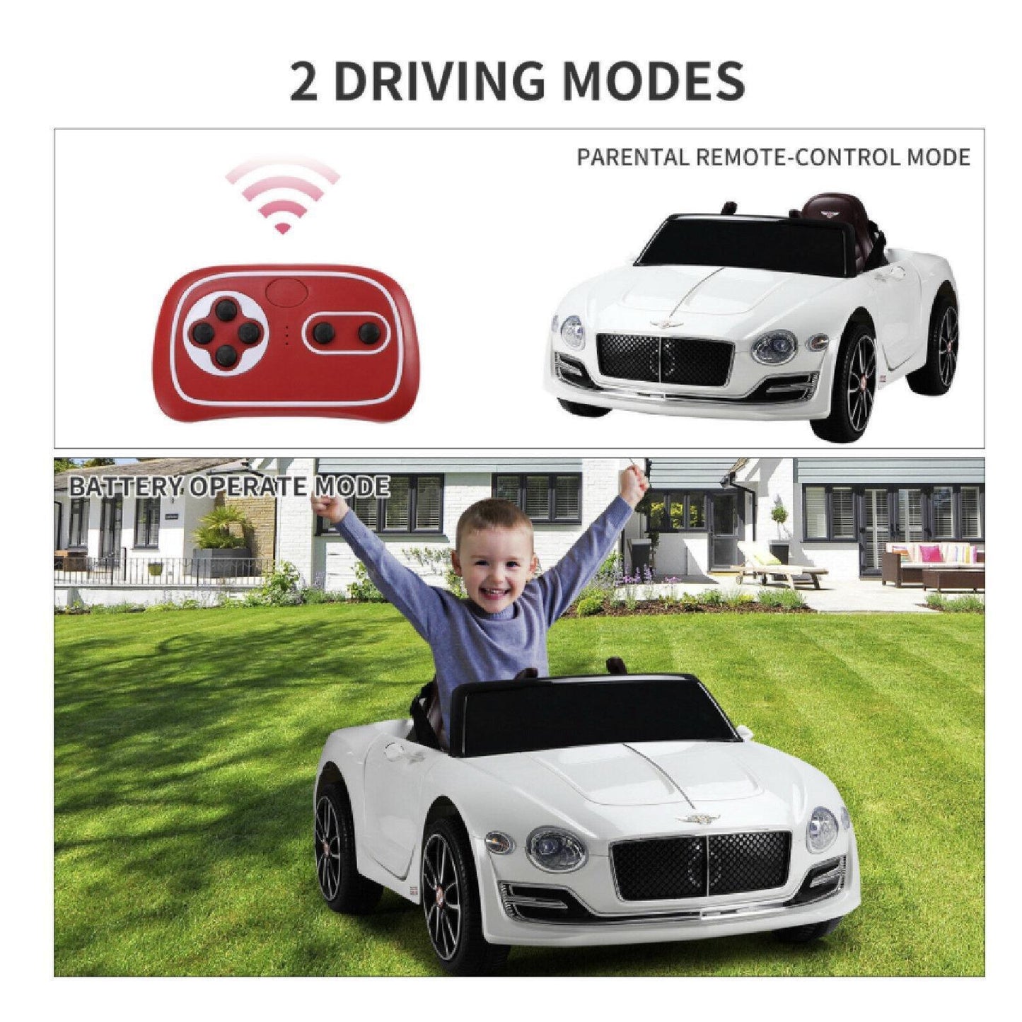 12V Battery Powered Ride-On Car for Kids Ages 2-8 with Parental Remote Control - White