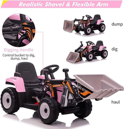12V Battery-Powered Ride-On Excavator with Remote Control and Bucket for Kids