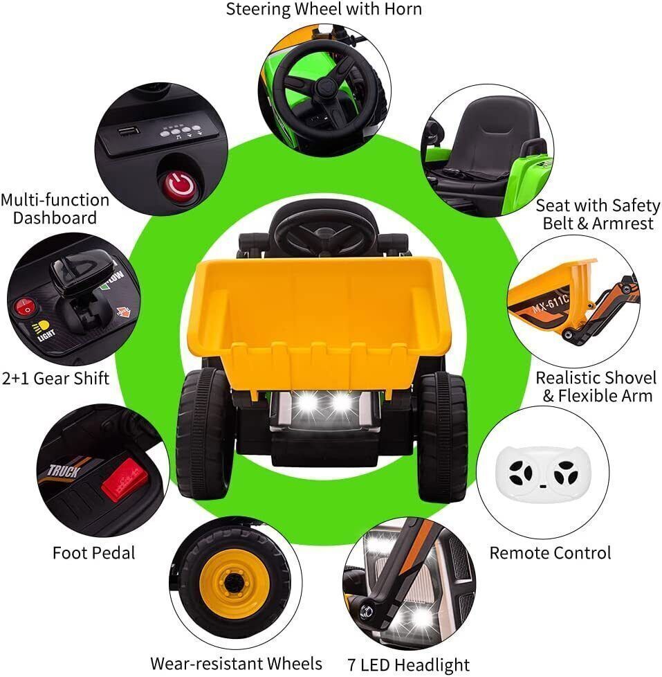 12V Battery-Powered Ride-On Excavator with Remote Control and Bucket for Kids