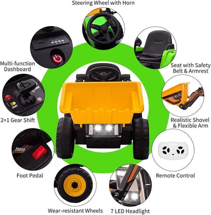 12V Battery-Powered Ride-On Excavator with Remote Control and Bucket for Kids