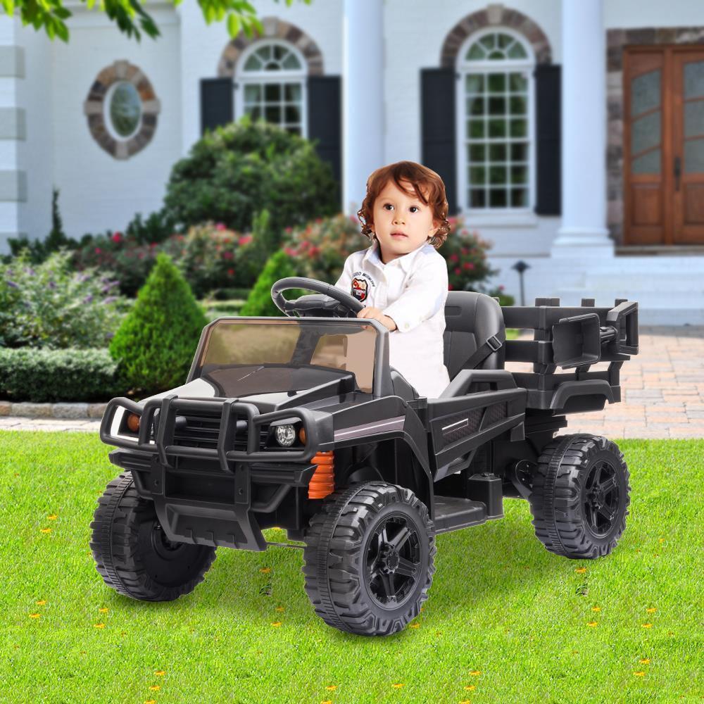 12V Battery-Powered Ride-On Tractor Truck with Detachable Trailer in Black