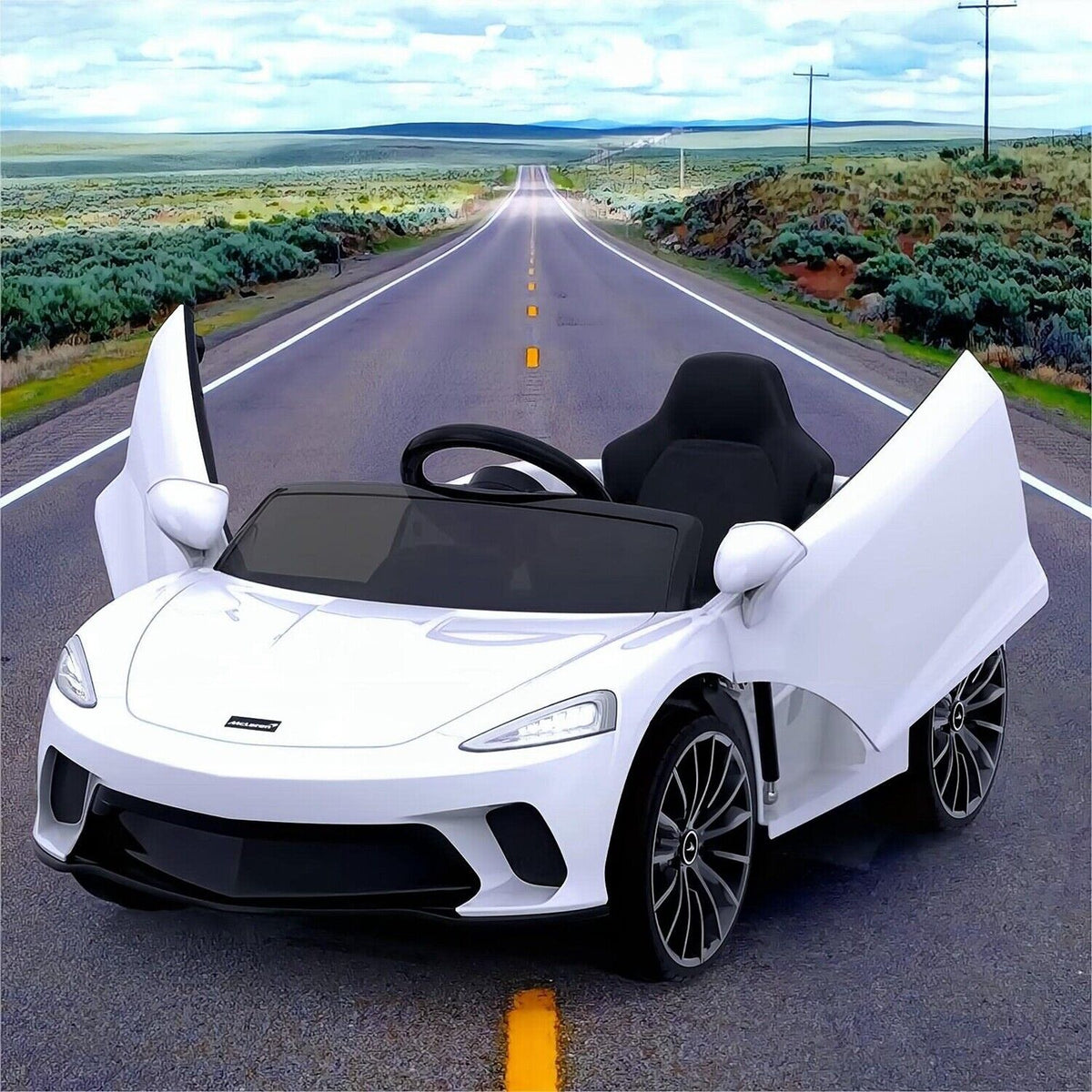 12V Battery Powered Sports Car for Kids with LED Headlights and 2 Speeds - White