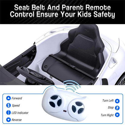 12V Battery Powered Sports Car for Kids with LED Headlights and 2 Speeds - White