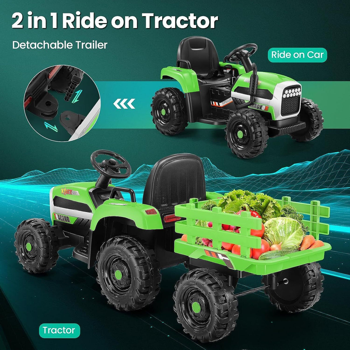 Electric Tractor Ride-On Toy Car with Trailer for Kids - 12V Battery Powered