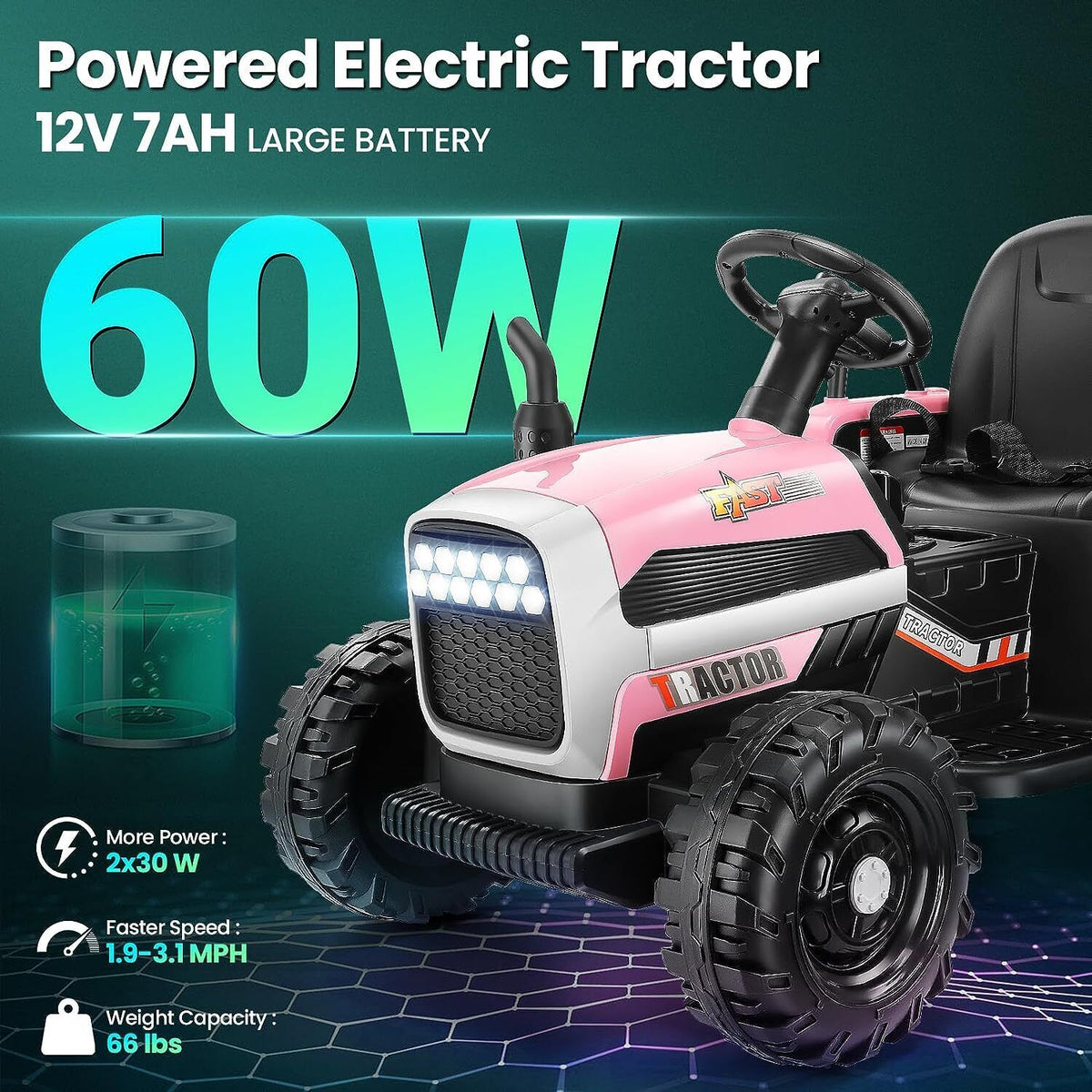 Electric Tractor Ride-On Toy Car with Trailer for Kids - 12V Battery Powered