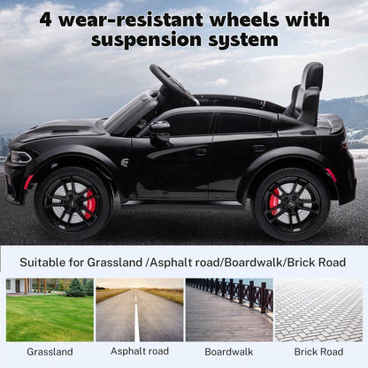 12V Dodge Charger SRT Hellcat Ride-On Toy with Remote Control, MP3, and LED Lights for Kids