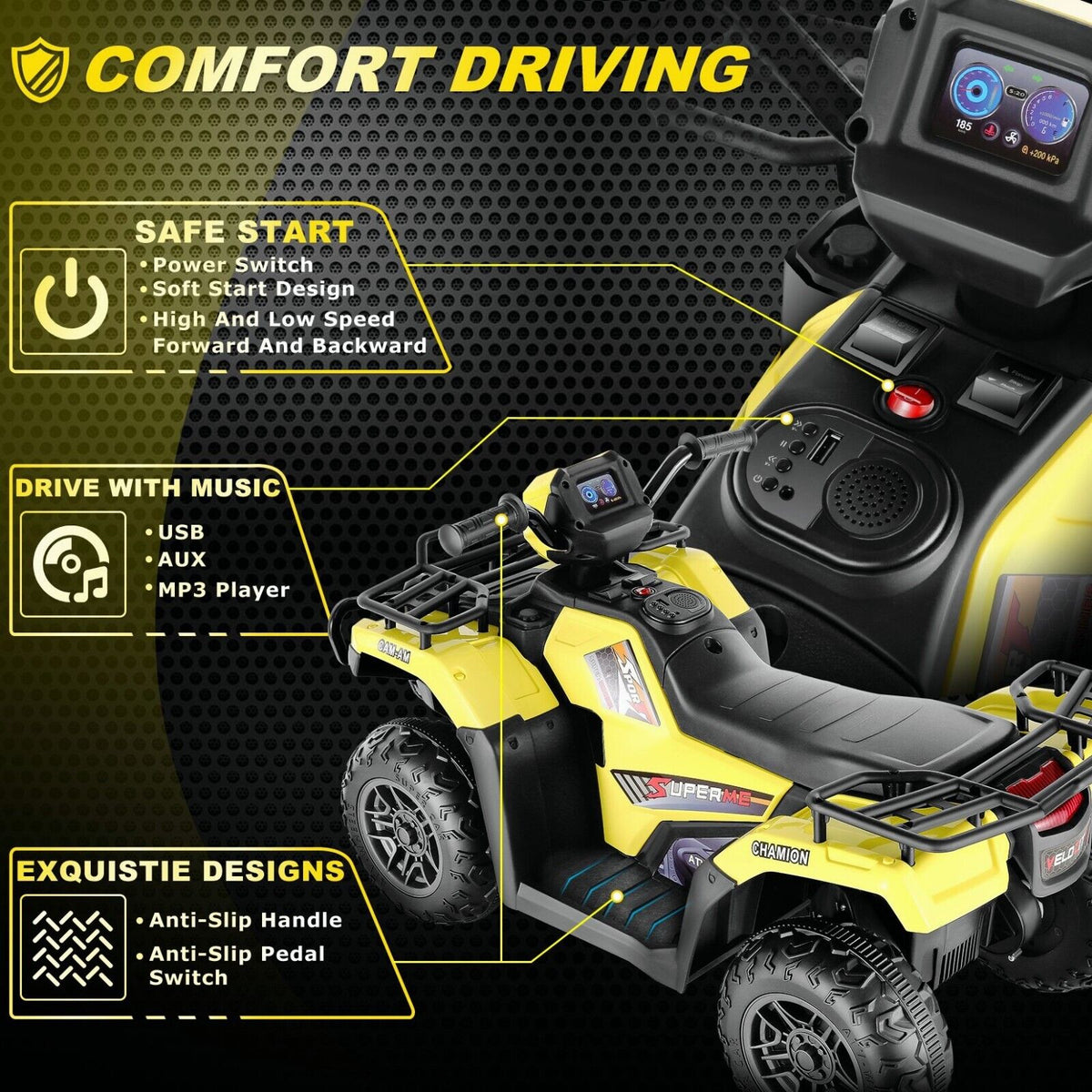 12V Quad for Kids with LED Lights and Dual Speed Options