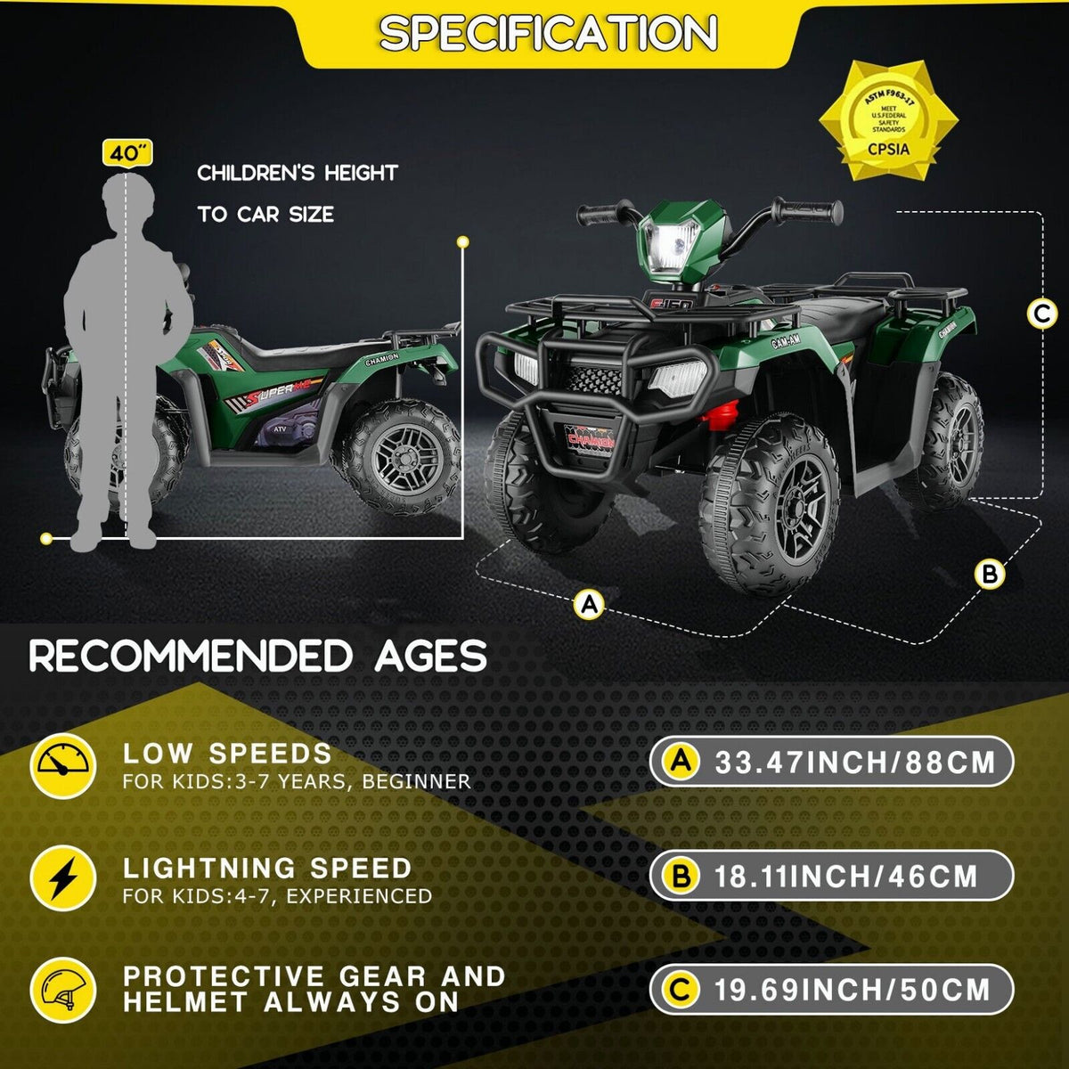 12V Quad for Kids with LED Lights and Dual Speed Options