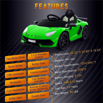 12V Electric Battery Powered Sports Car for Kids with Remote Control - Green