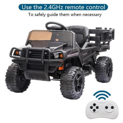 12V Electric Kids Ride On Car Truck with Music, Lights, and Fun Trailer - Black