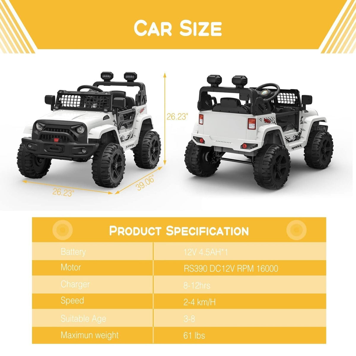 12V Electric Kids Ride On Jeep with Bluetooth Remote and Safety Belt
