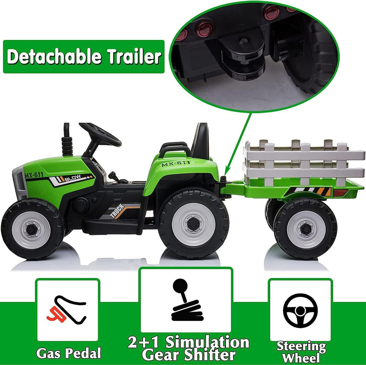 12V Electric Kids Ride On Tractor with Trailer - Battery Powered Car Toy for Christmas