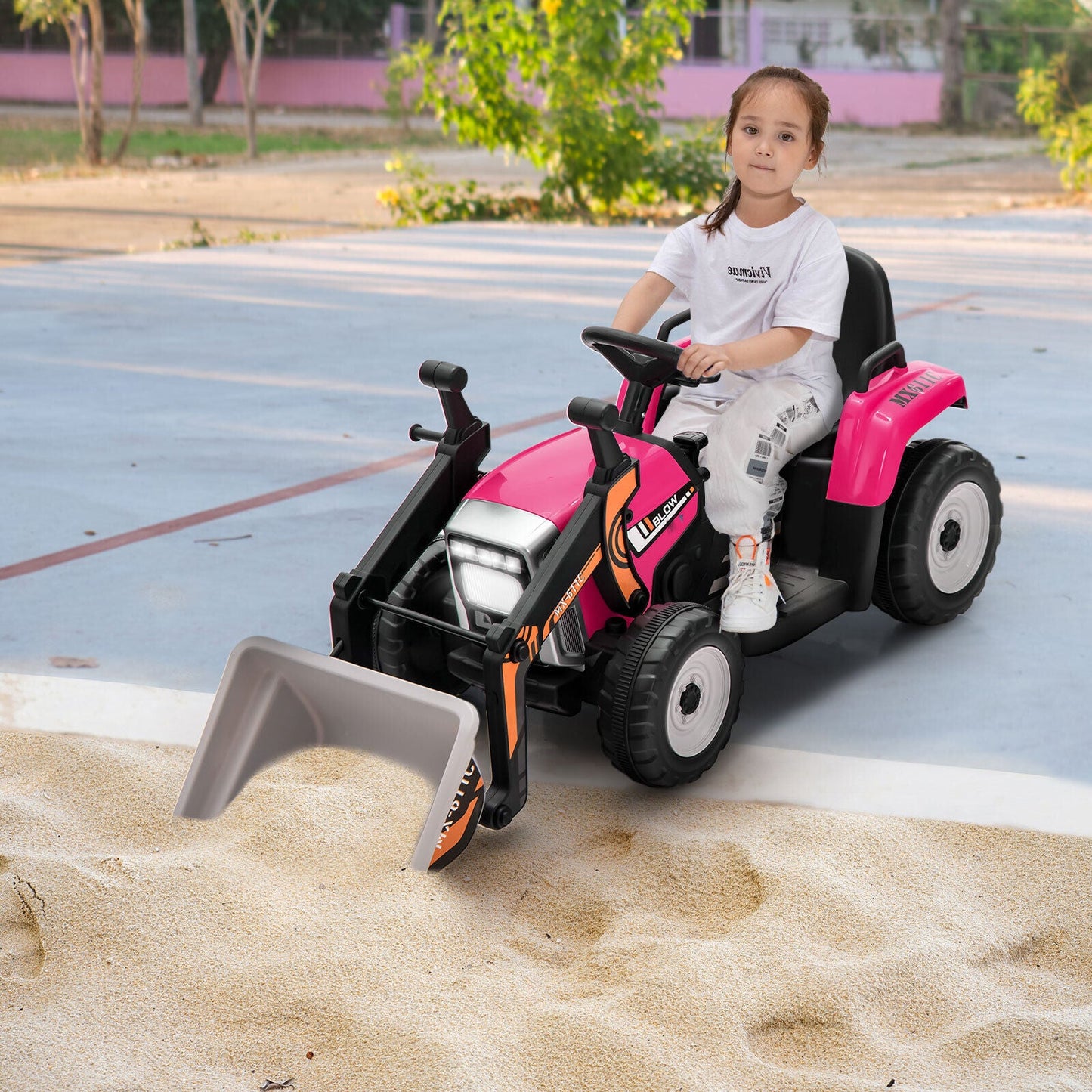 12V Electric Pink Excavator Digger Tractor with RC Control and Digging Bucket for Kids