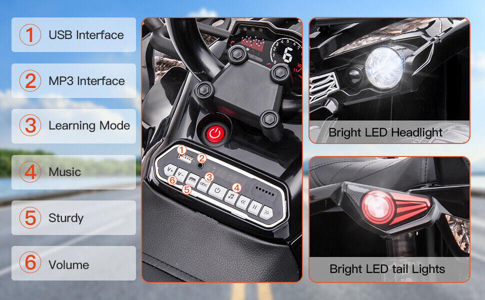 12V Electric Ride-On ATV Quad for Kids with LED Lights, Music, and USB