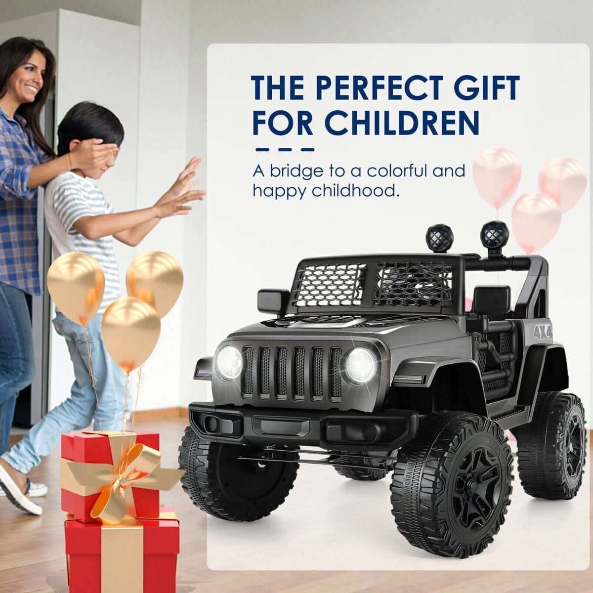 12V Kids Electric Ride-On Jeep Car with Remote Control, Bluetooth, LED Lights, and MP3 Player