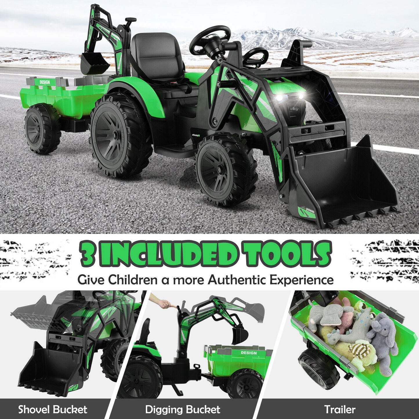 12V Electric Ride-On Excavator Bulldozer with Trailer for Kids - Remote Control Included
