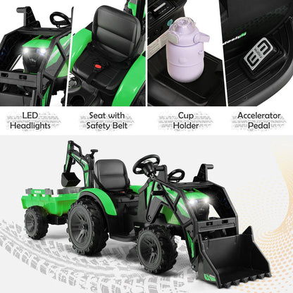 12V Electric Ride-On Excavator Bulldozer with Trailer for Kids - Remote Control Included