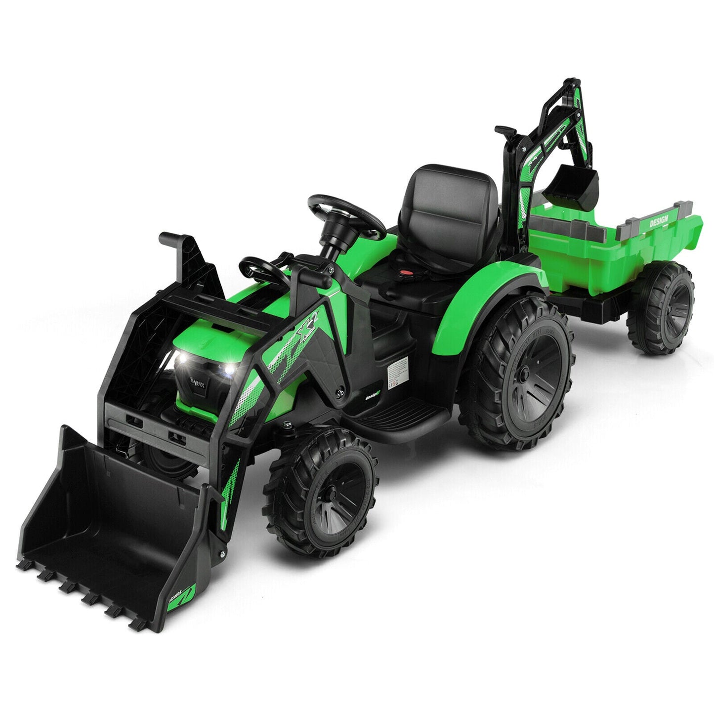 12V Electric Ride-On Excavator Bulldozer with Trailer for Kids - Remote Control Included