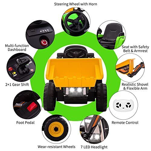 12V Electric Ride-On Excavator Truck for Kids with 3 Speeds, Music, and Remote Control