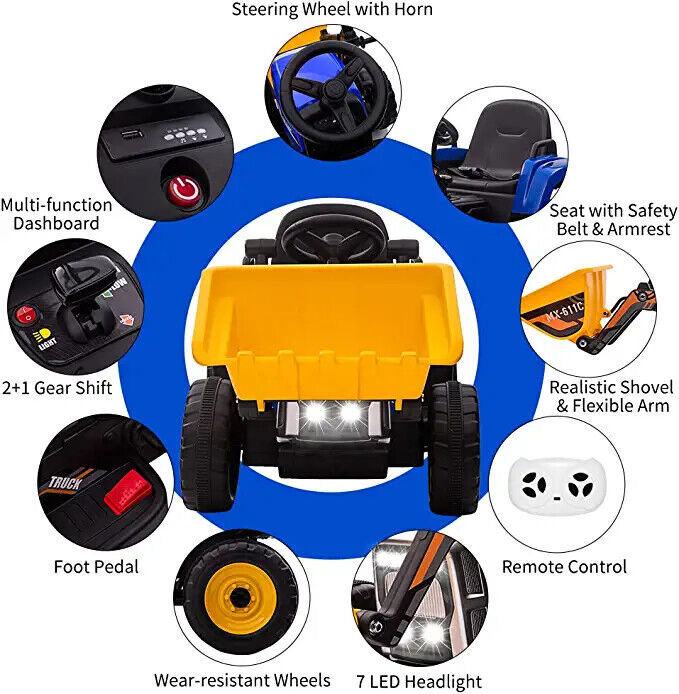 12V Electric Ride-On Excavator Truck for Kids with 3 Speeds, Music, and Remote Control