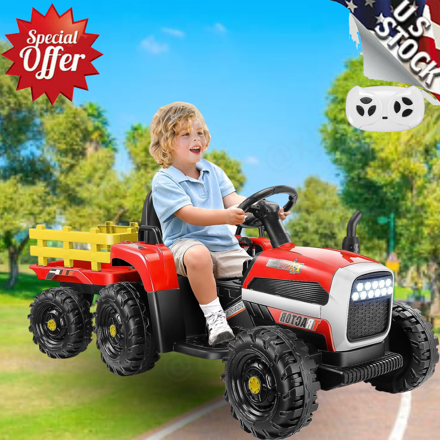 12V Electric Ride-On Tractor for Kids with Remote Control and Trailer Attachment