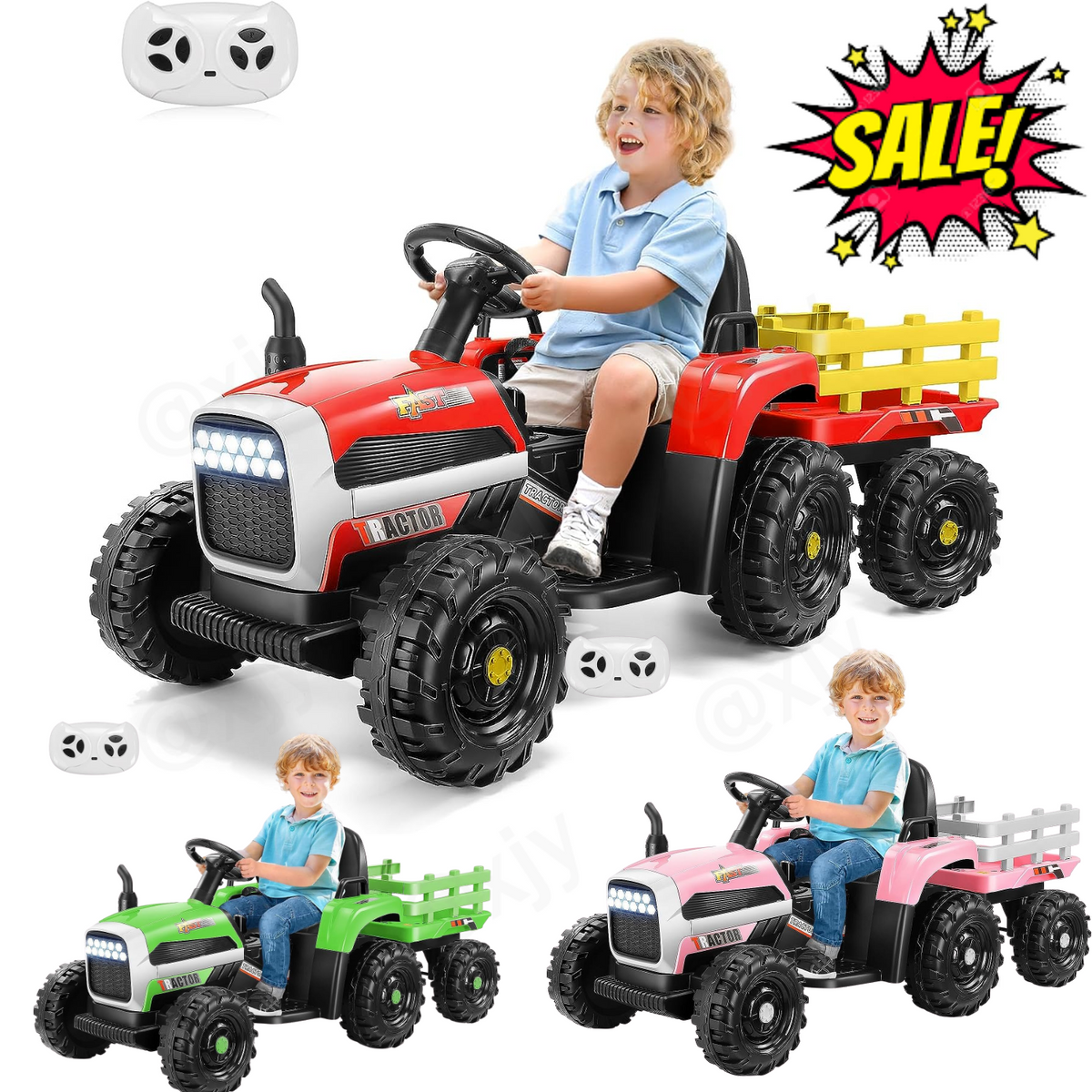 12V Electric Ride-On Tractor for Kids with Remote Control and Trailer Attachment