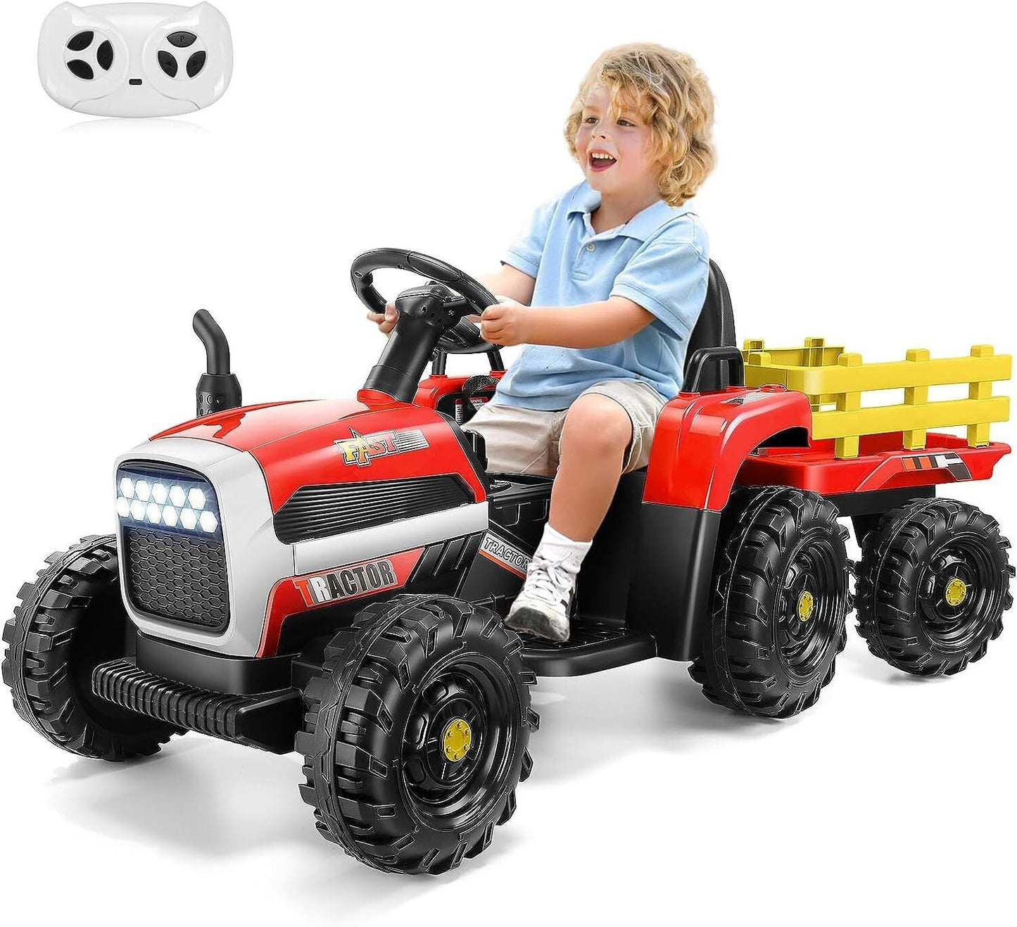 12V Electric Ride-On Tractor for Kids with Remote Control and Trailer Attachment