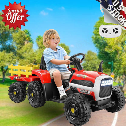 12V Electric Ride-On Tractor for Kids with Trailer Attachment by Hikole
