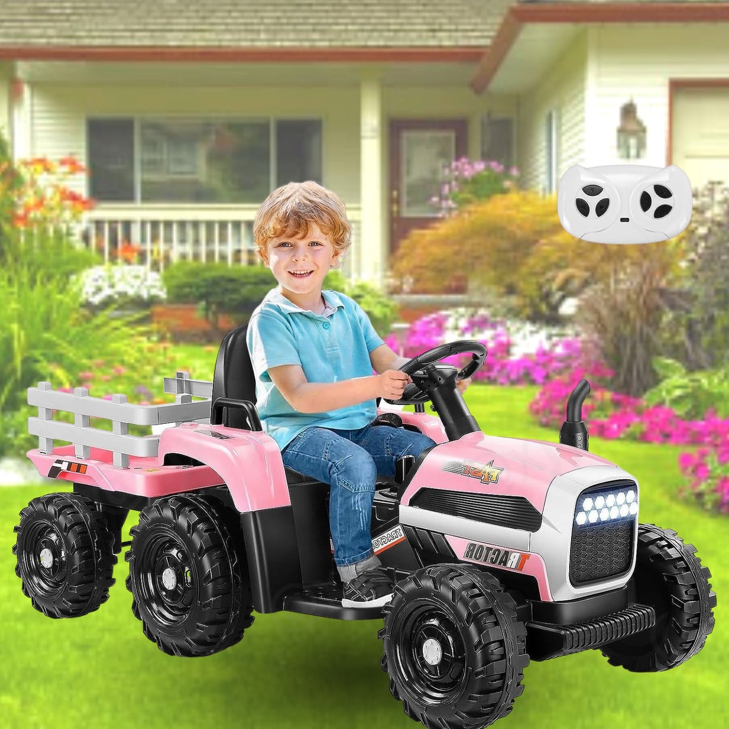 12V Electric Ride-On Tractor for Kids with Trailer Attachment by Hikole