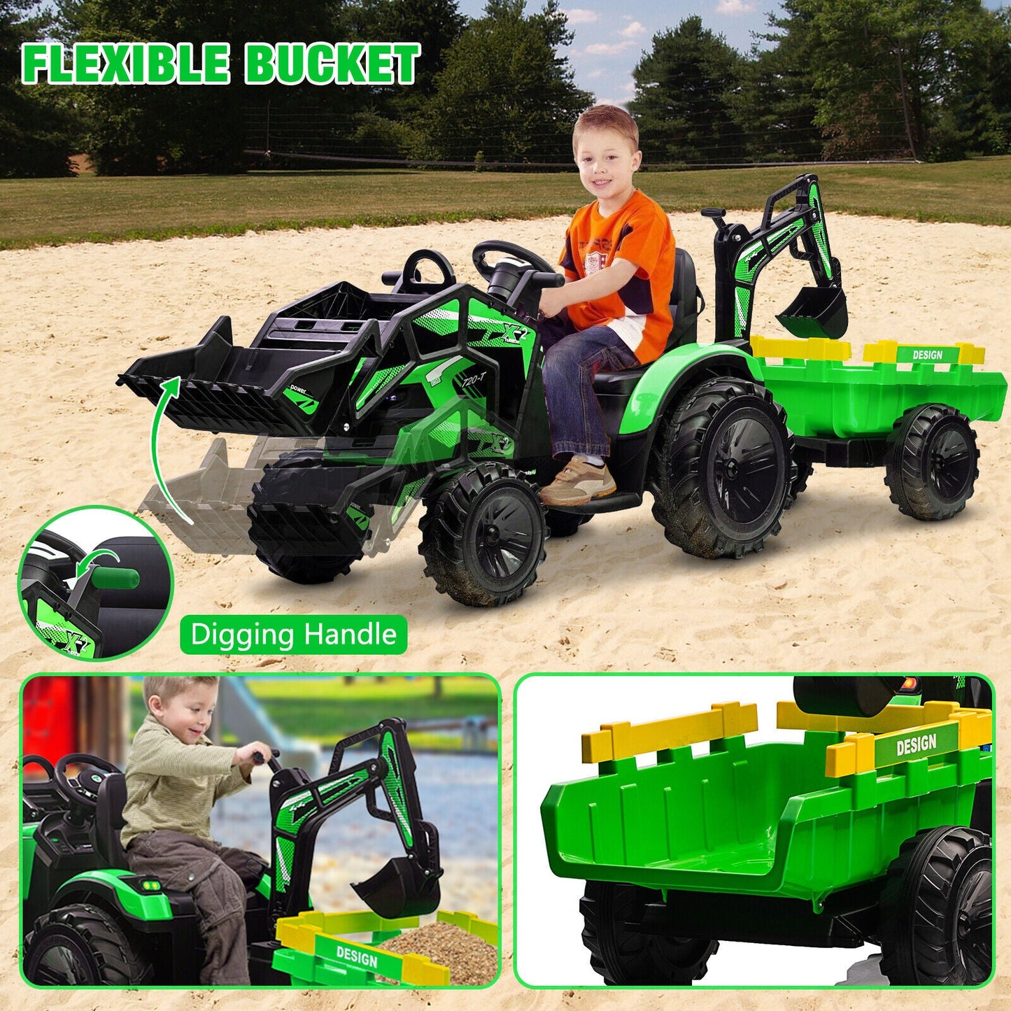 12V Electric Ride On Tractor Toy with Remote Control, Trailer, and LED Light - Perfect Gift for Kids