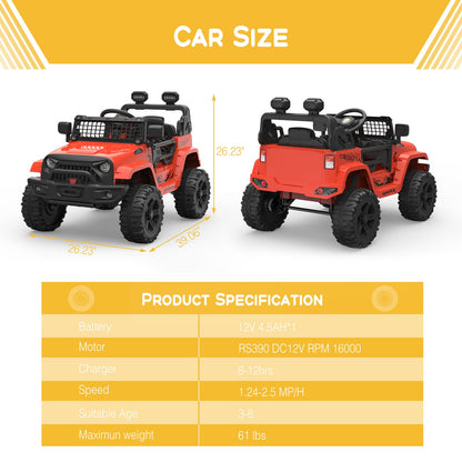 12V Electric Ride-On Truck for Kids with Remote Control, 2 Speeds, and LED Lights