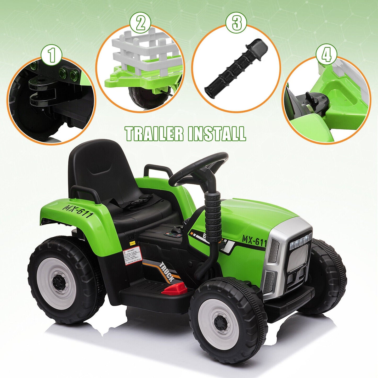 12V Electric Tractor with Trailer for Kids - Remote Control Ride-On Toy Car