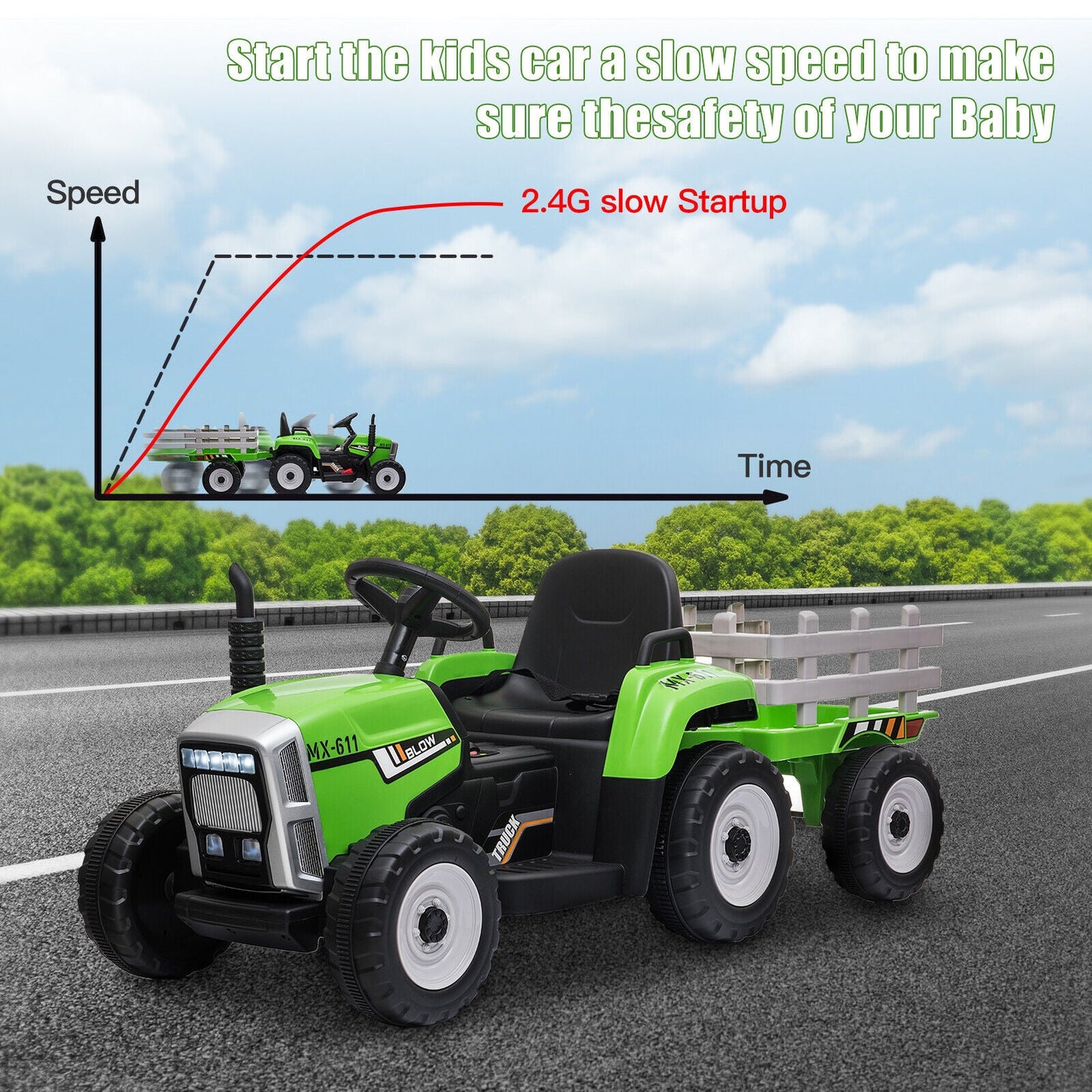 12V Electric Tractor with Trailer for Kids - Remote Control Ride-On Toy Car