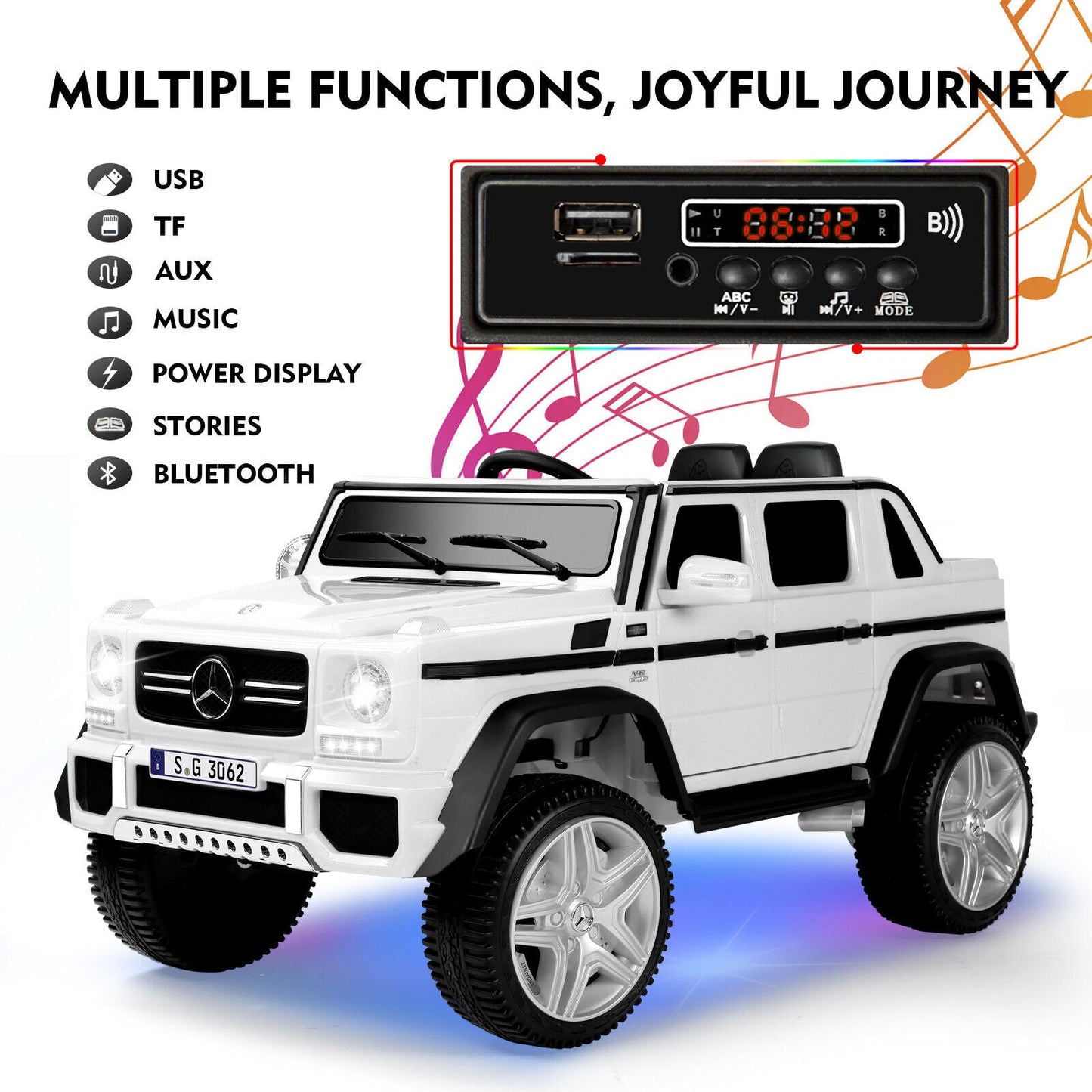 Electric Ride-On Car for Kids with Music, LED Lights, and Remote Control - 3 Speeds - White