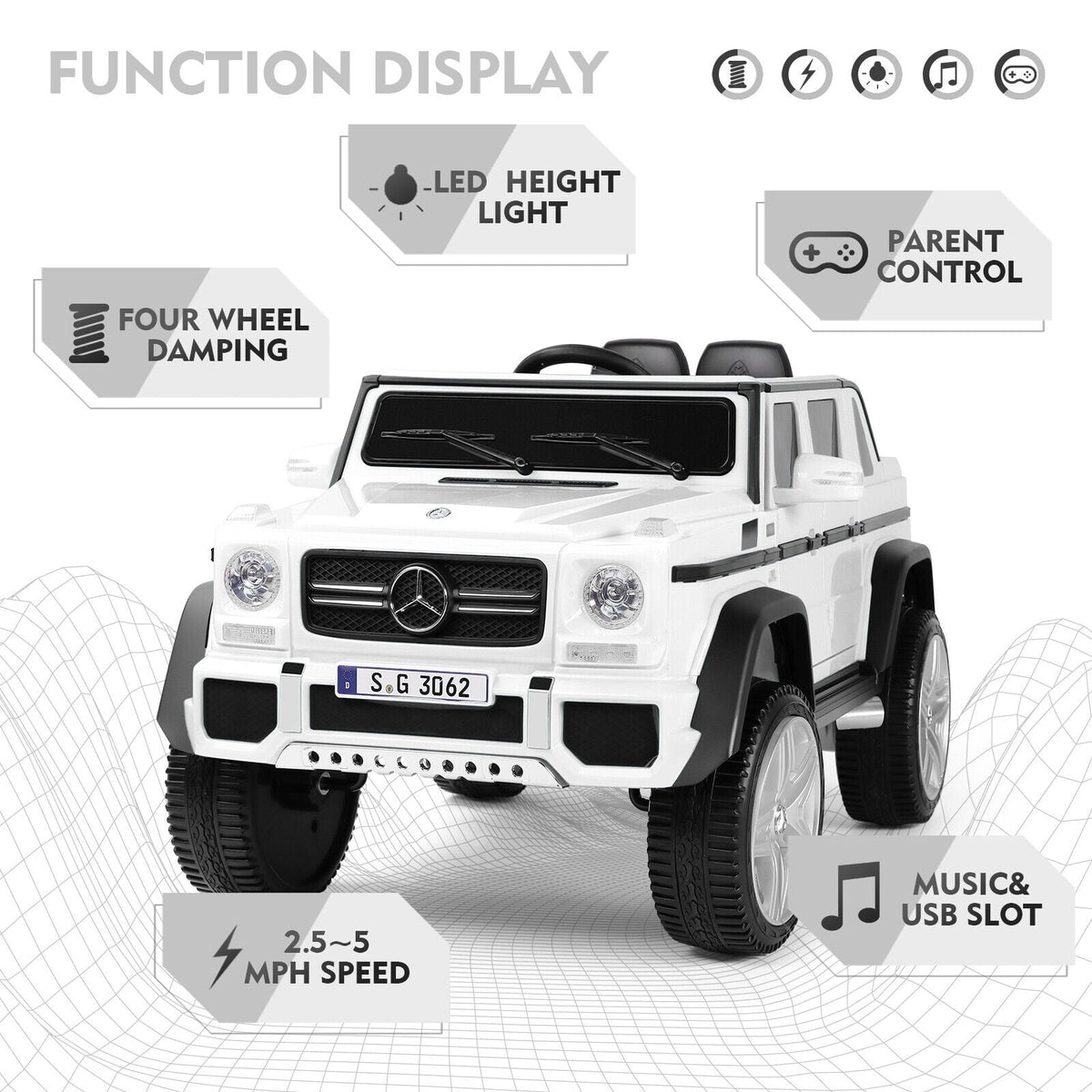 Mercedes-Benz 12V Kids Ride On Car with Music, LED Lights, Bluetooth, and Remote Control