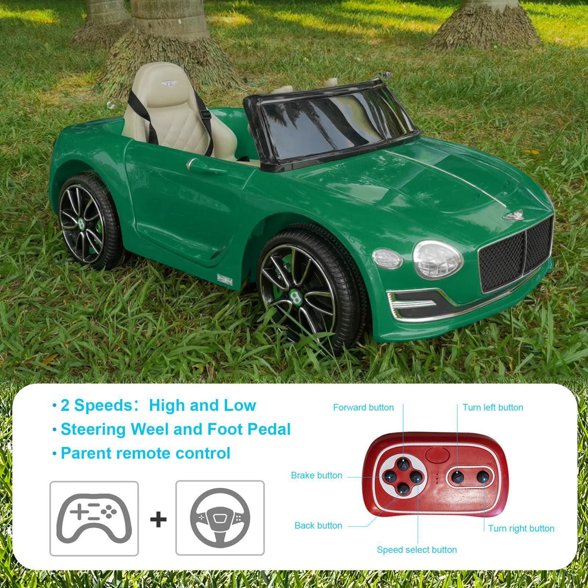 12V Green Electric Ride On Car for Kids with Remote Control - Inspired by Bentley Design