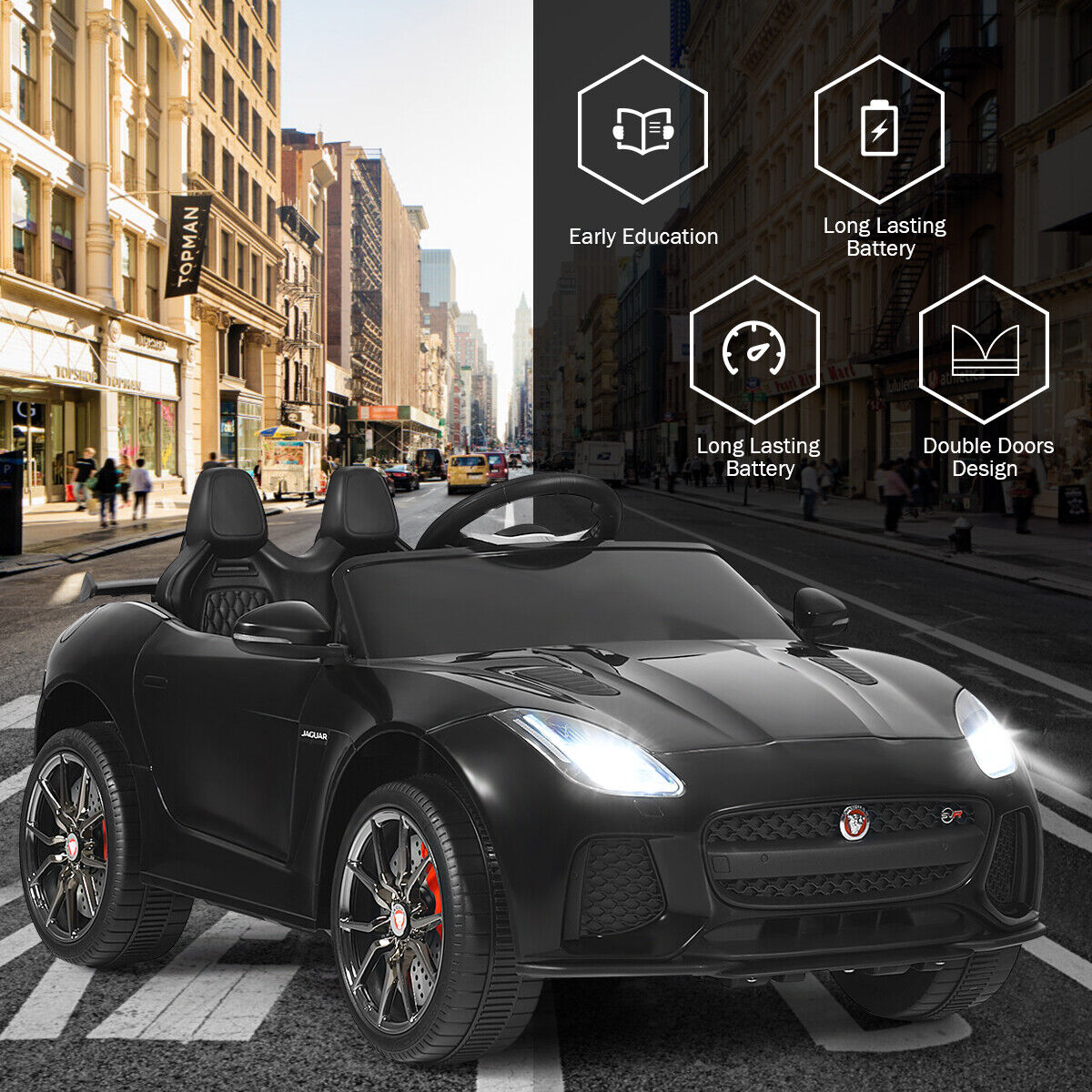 12V Jaguar F-Type SVR Licensed Kids Ride On Car with MP3 Player and Lights in Black