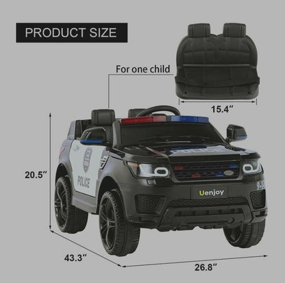 12V Kids Police Car SUV with Remote Control, Sirens, Megaphone, Lights, and Doors - AUX Compatible
