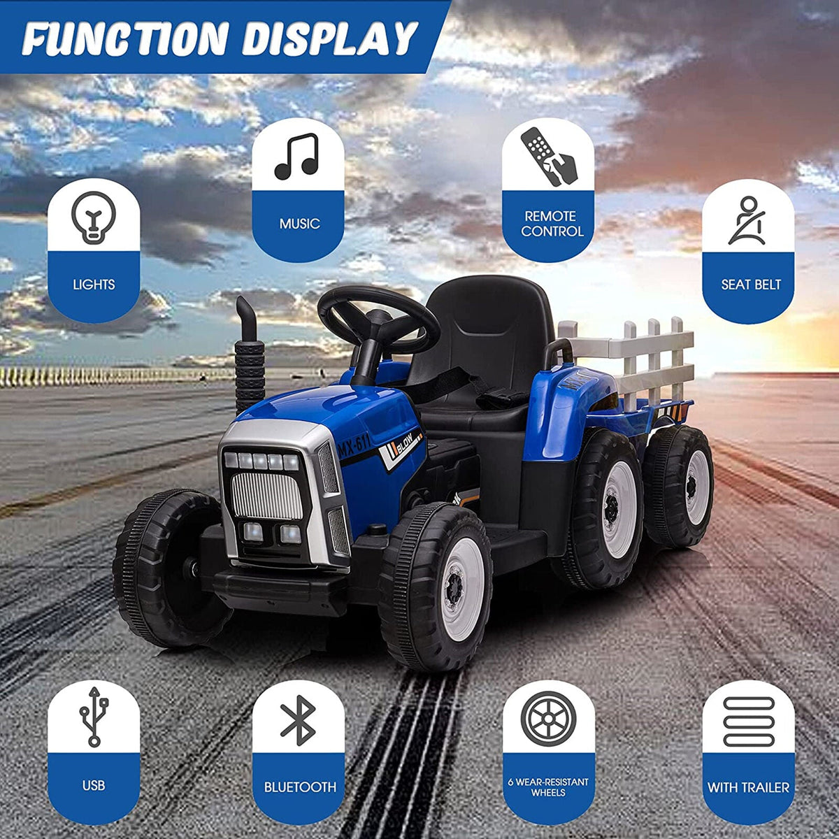 12V Kids Ride On Tractor Trailer with Lights - Battery Powered Toy Car