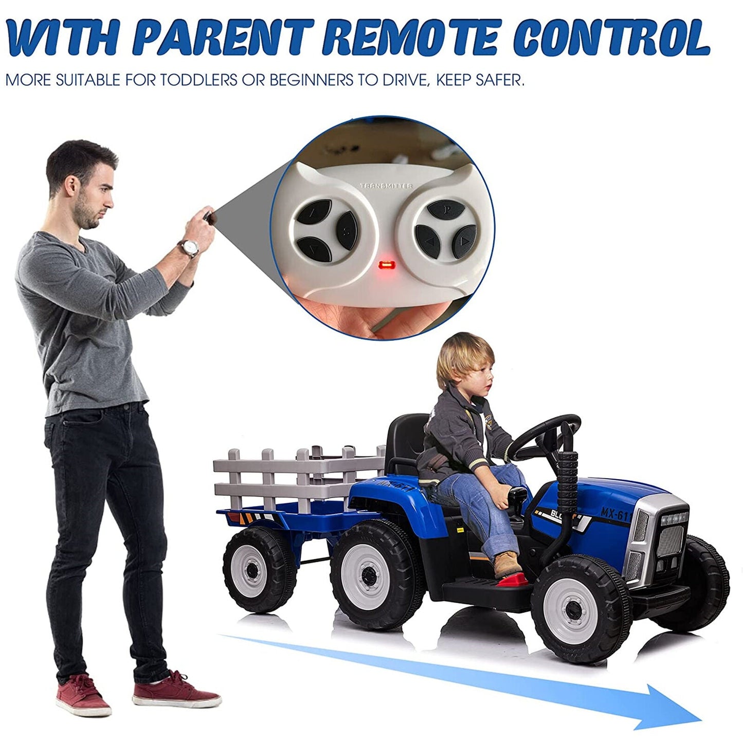 12V Kids Ride On Tractor Trailer with Lights - Battery Powered Toy Car