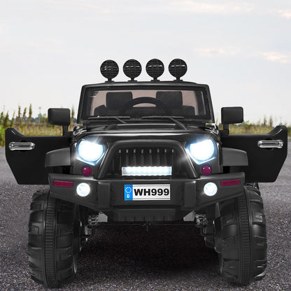 12V Kids Ride On Truck with RC Control, LED Lights, Music, and Spring Suspension in Black