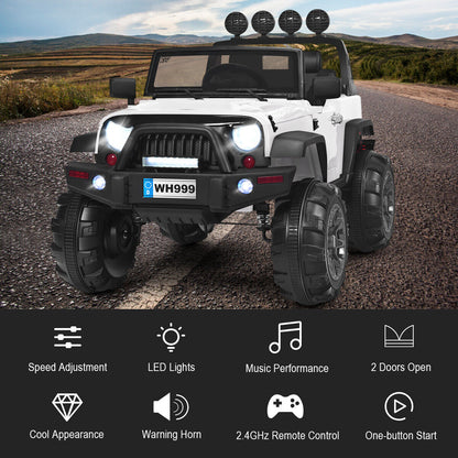 12V Kids Ride On Truck with RC Control, LED Lights, Music, and Spring Suspension in White