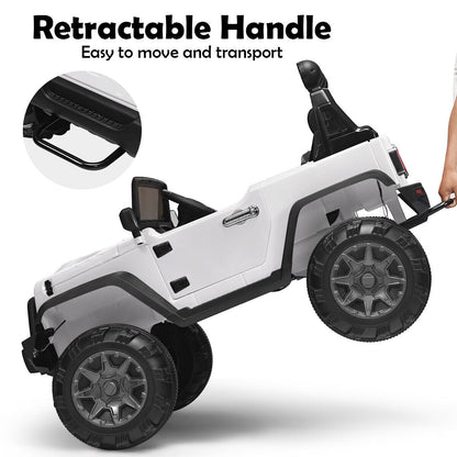 12V Kids Ride On Truck with RC Control, LED Lights, Music, and Spring Suspension in White